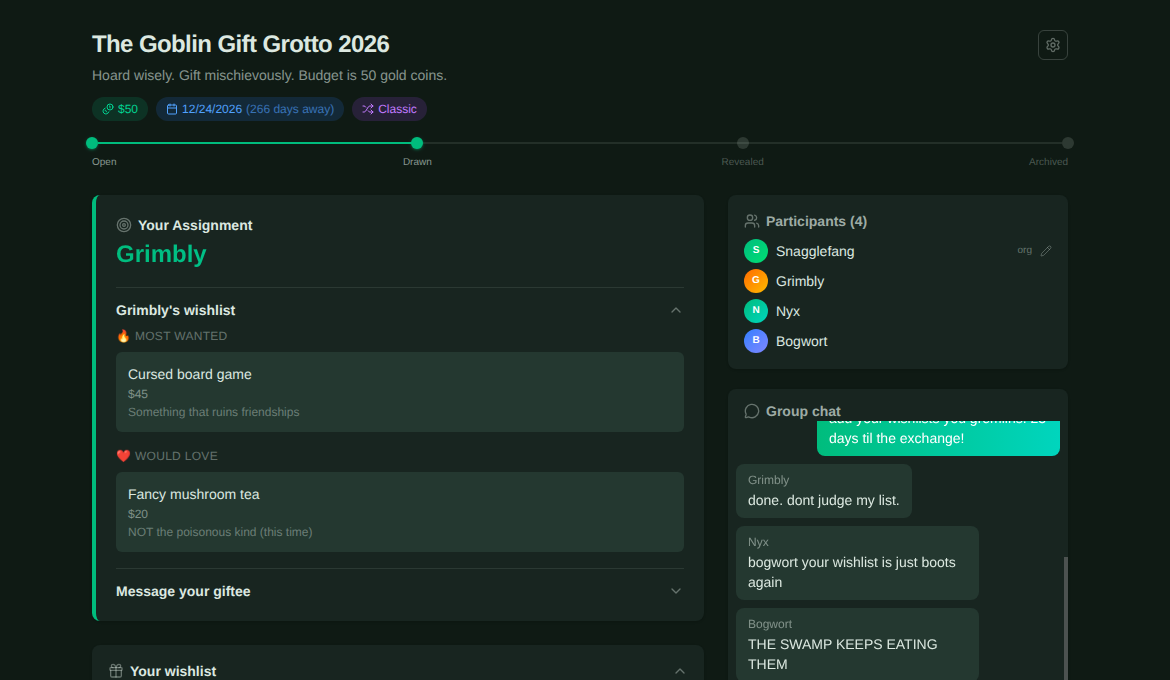 Gift Goblin exchange page showing assignments, wishlists, and group chat